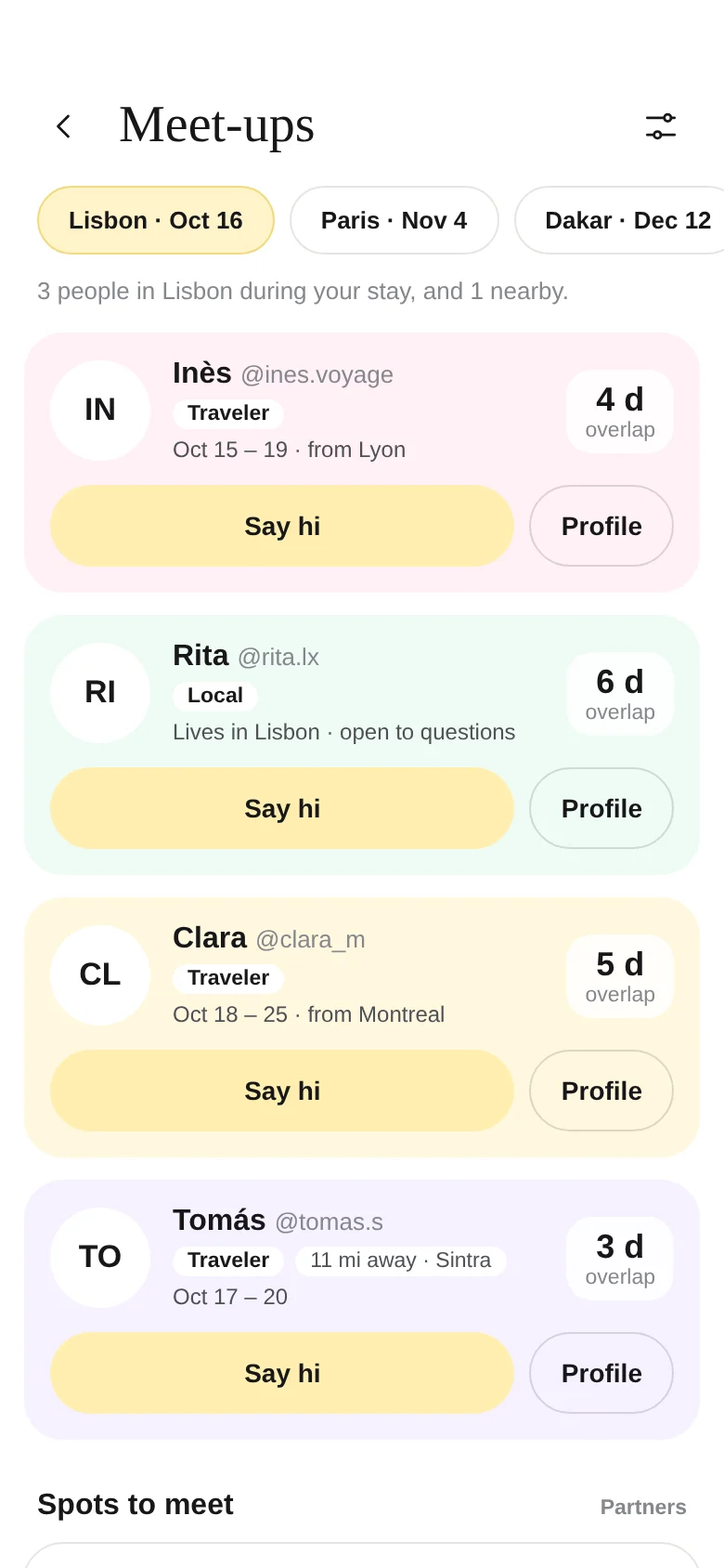 Tira Meet-ups screen on Android